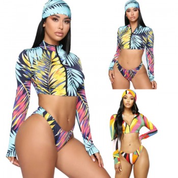 New Women's Two-piece Suit Swimsuit Long Sleeve Sunscreen Zipper top Biquini Bottom Swim Cap 3Pcs Print Summer Beach Wear